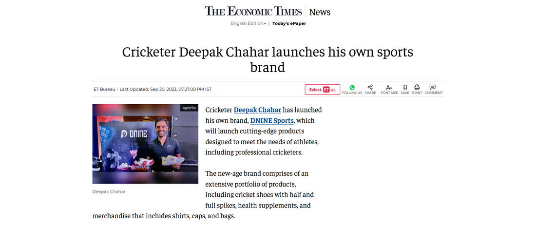 Deepak Chahar Launches His Own Sports Brand – Featured in The Economic Times