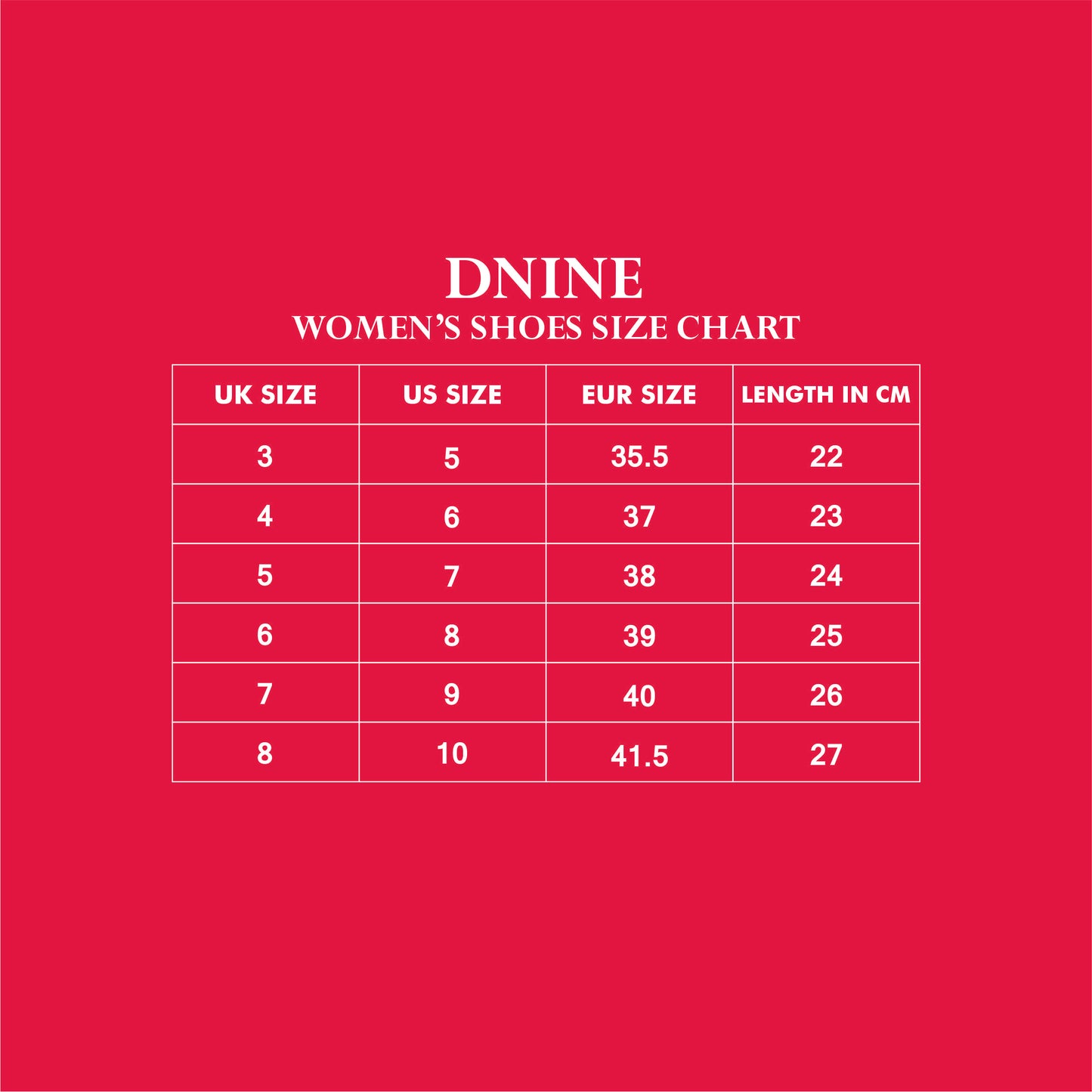 women shoes size chart