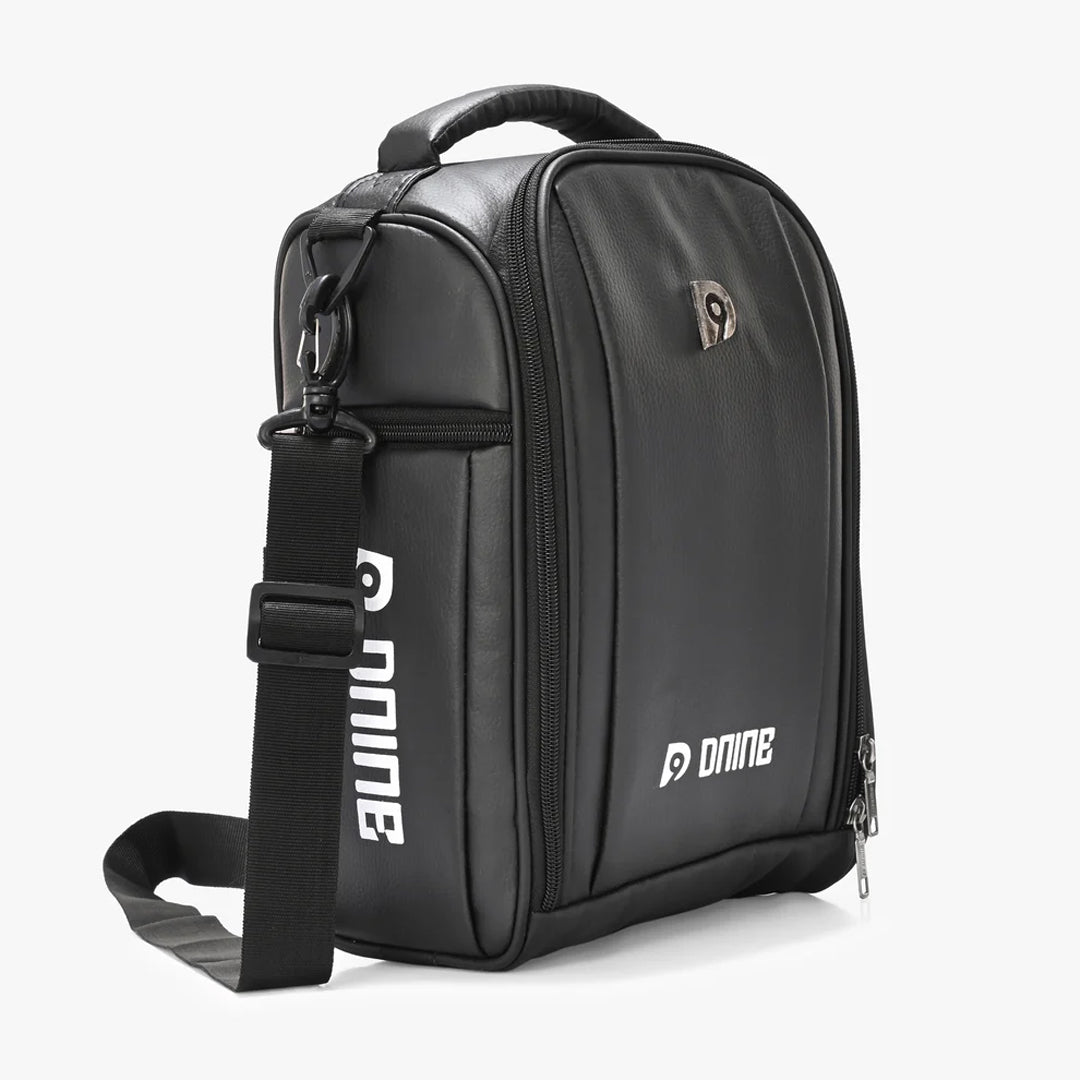 Black backpack with 'Dnine' branding 
