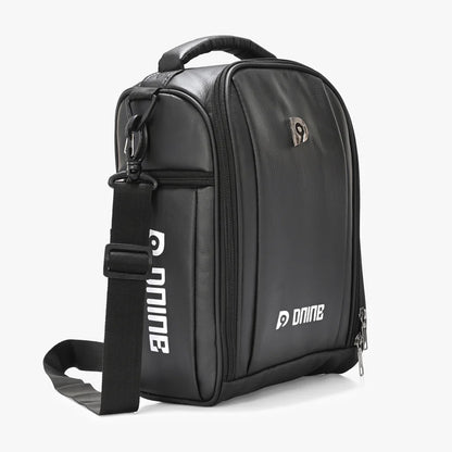 Black backpack with 'Dnine' branding 
